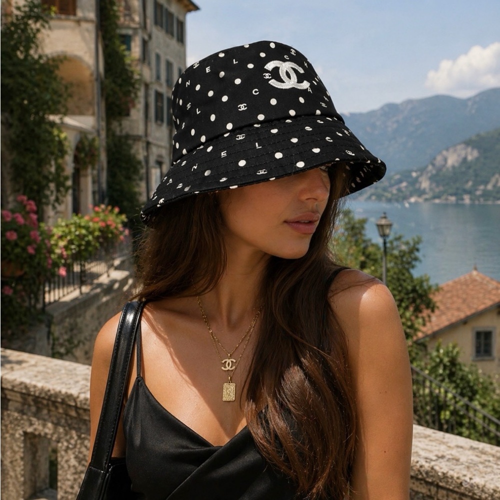 CHANEL Black and White Polka Dot Bucket Hat